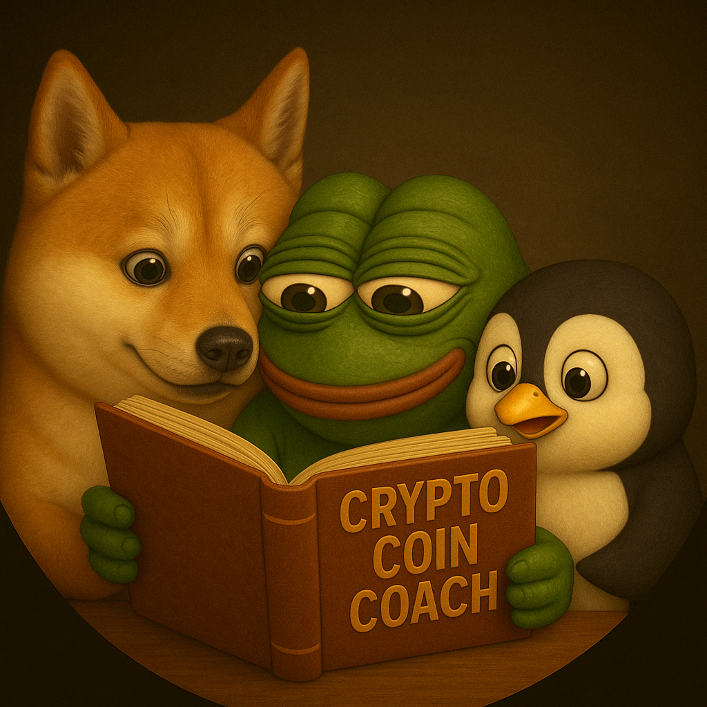Meme Coin Characters Reading Crypto Coaching Book